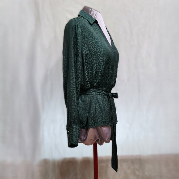 Jade Green Cheetah Print Blouse with Ribbon Waistline - Picture 2 of 11